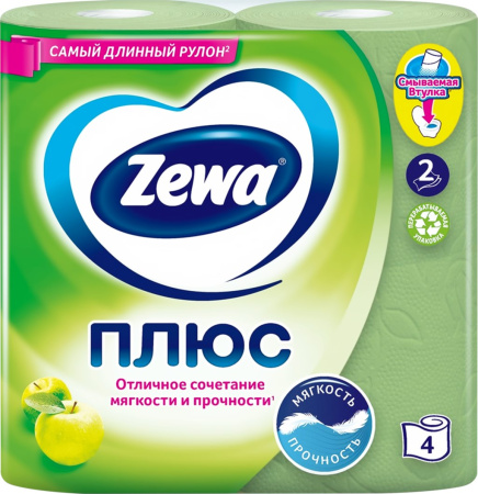 Бумага туалетная ZEWA Plus 2-слоя с ароматом яблока, 4шт