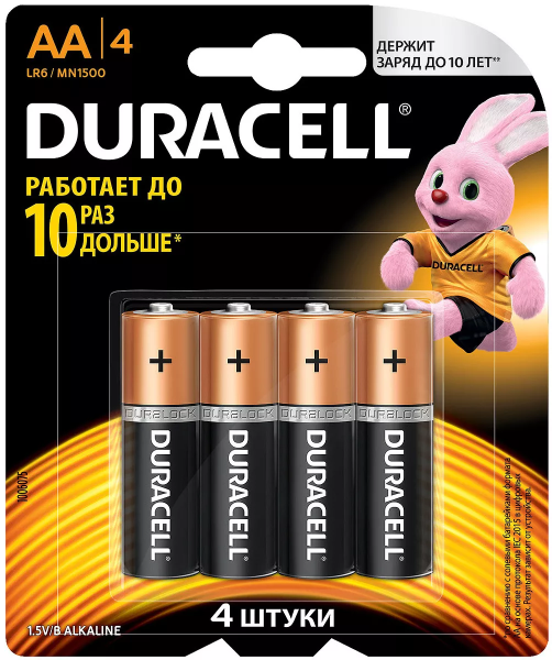 Батарейки щелочные Duracell Basic, тип AA, 1,5В, 4шт